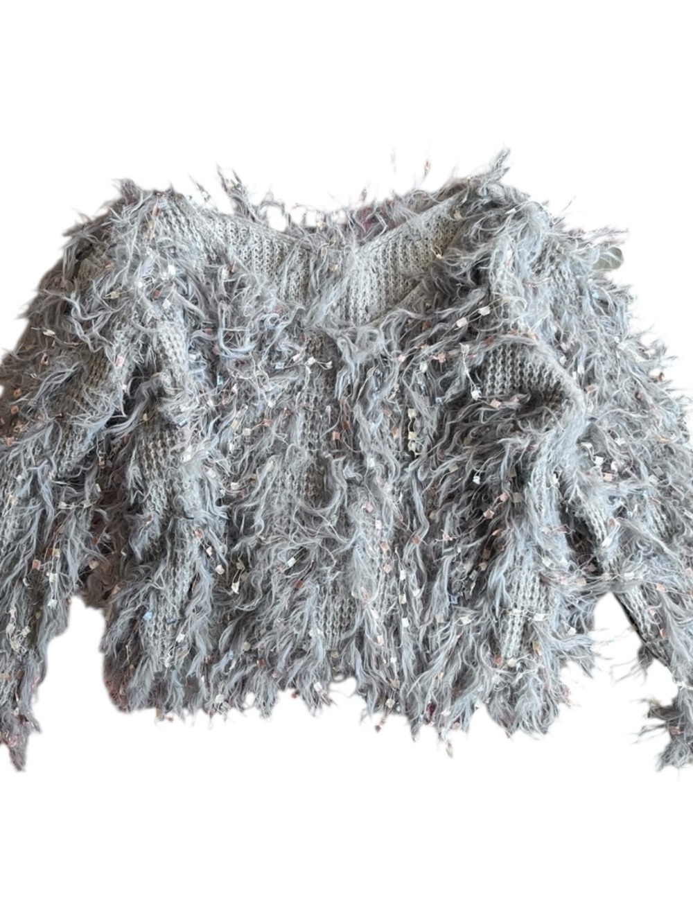 Grey Fringe Fuzzy Knit Crewneck Sweater